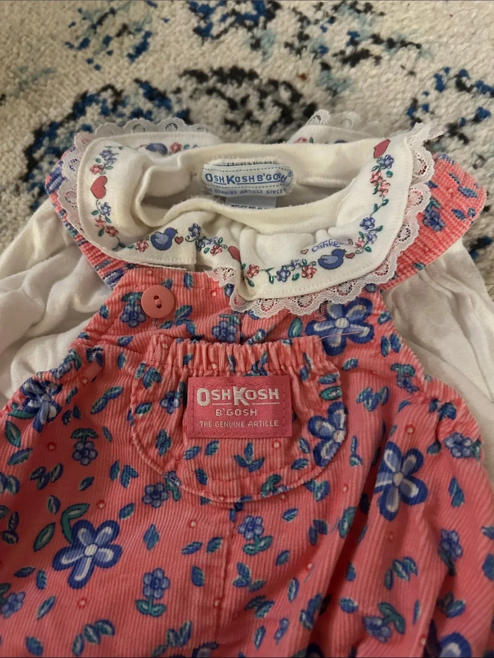 Vintage OshKosh B'gosh Pink Floral Corduroy Overalls & Ruffle Top Set 6-9 Months